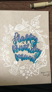 Surreal white illustration with gradient handlettering birthday card
